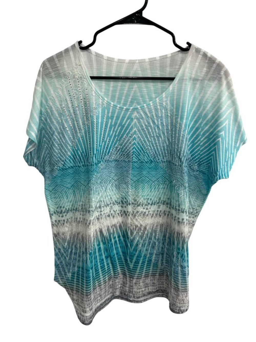 Womens XL Blue White Polyester Geometric Rhinestone Top Scoop Neck Retro Kitschy